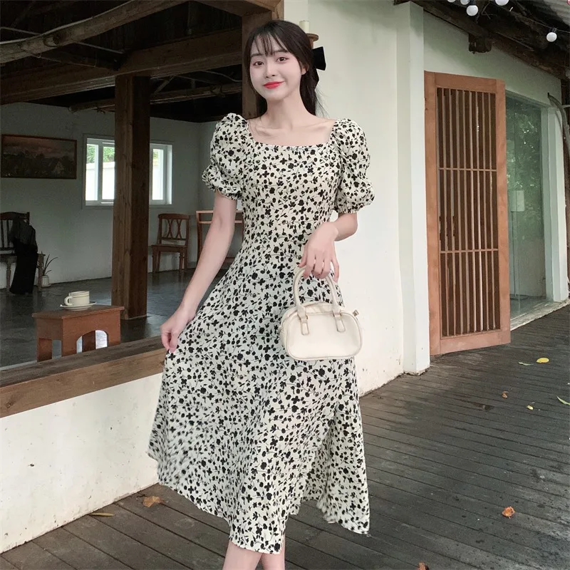 

Женская юбка с цветочным принтом и квадратным вырезом, новая французская ретро-юбка с разрезом для чая, облегающая Талия, платье с рукавом-п...