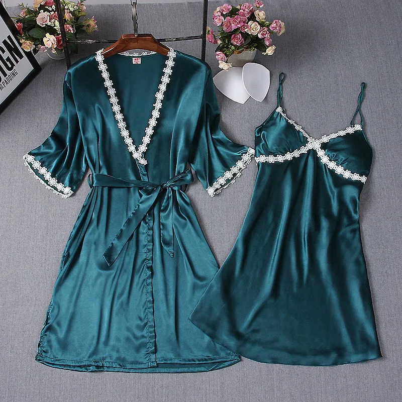 Women's Sleepwear 2 Pcs Sets Satin Silk Sleep Dress Sling Mini Dress and Cami Robe Pajamas Set