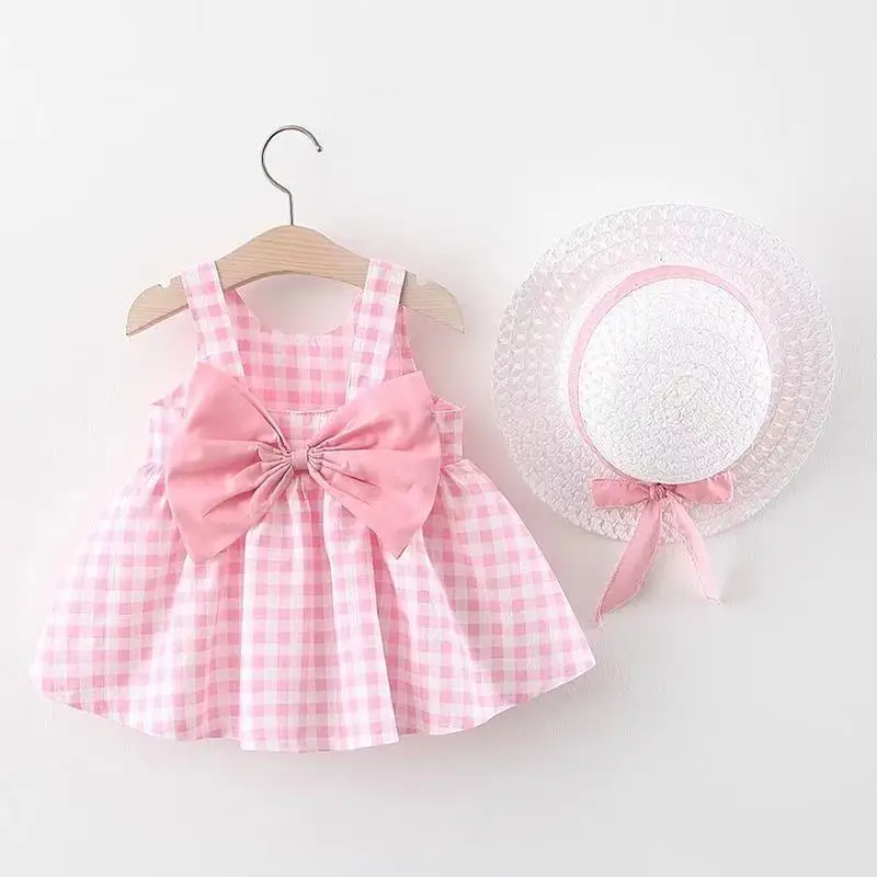 

2PCS Summer Baby Dresses Clothes Baby Girl Beach Dresses Newborn Clothing Set Casual Fashion Cute Bow Plaid Princess Dress + Hat