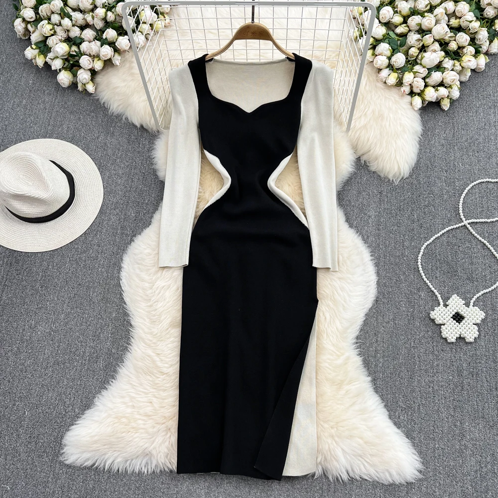 

Celebrity Temperament Fake Two Square Collar Color Long Sleeve Slim Slim Mid-length Hip Dress