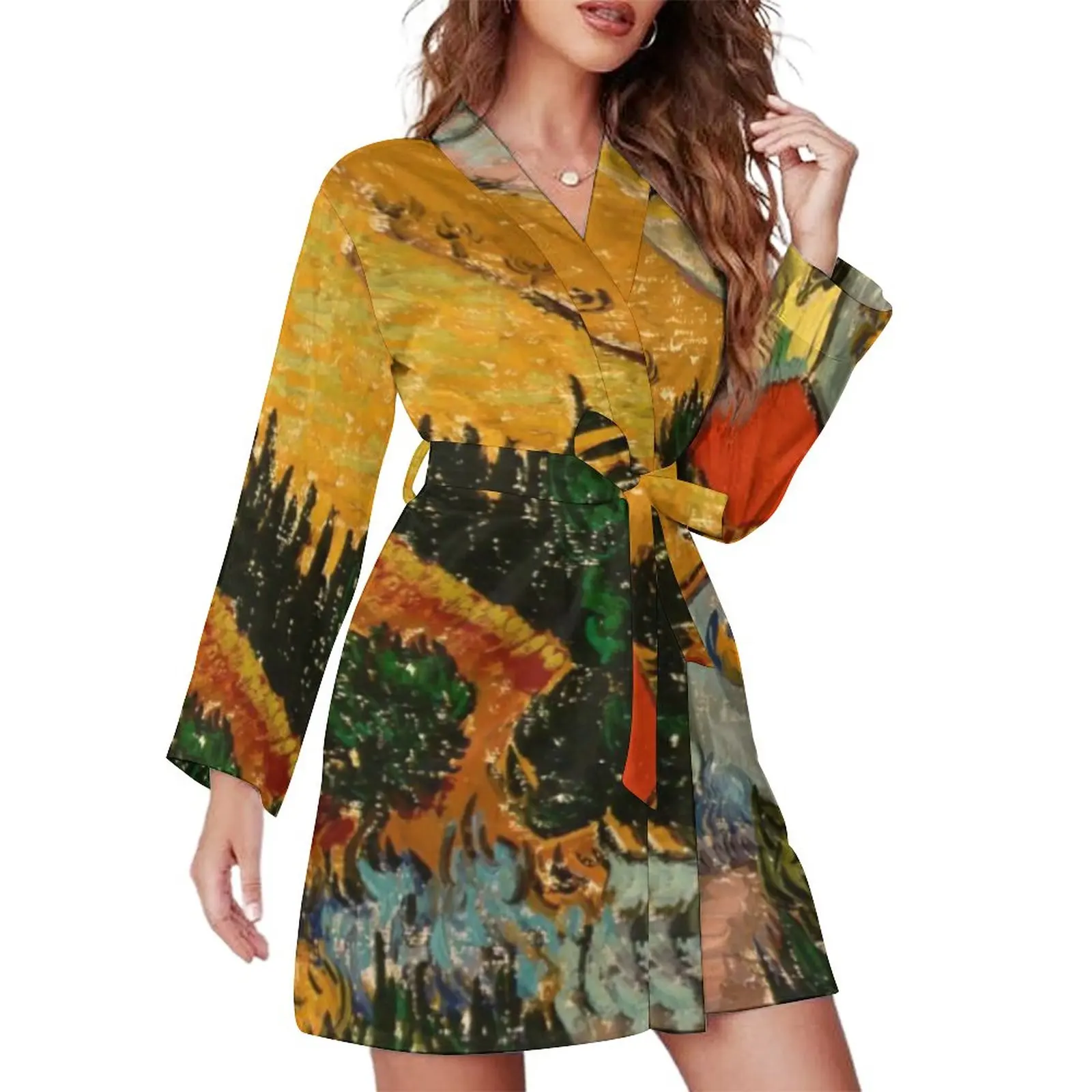 

Vincent Van Gogh Pajama Robe Landscape With House Long Sleeve Lovely Pajamas Robes V Neck Room Nightgown Autumn Pattern Dresses