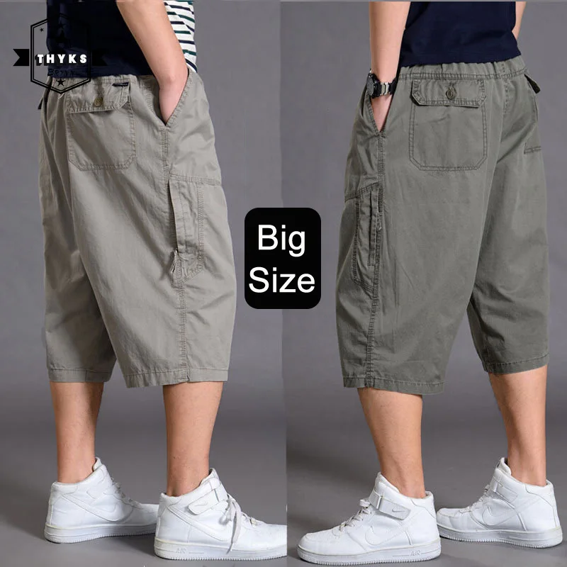 Grande tamanho de gordura calças capris curtas homens carga sweatpants macacão casual plus size calças esportes streetwear tático solto ao ar livre