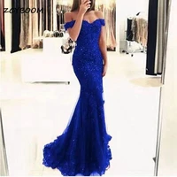 royal blue long elegant off the shoulder prom dresses beaded lace appliques mermaid formal evening party gowns robes de soir%c3%a9e