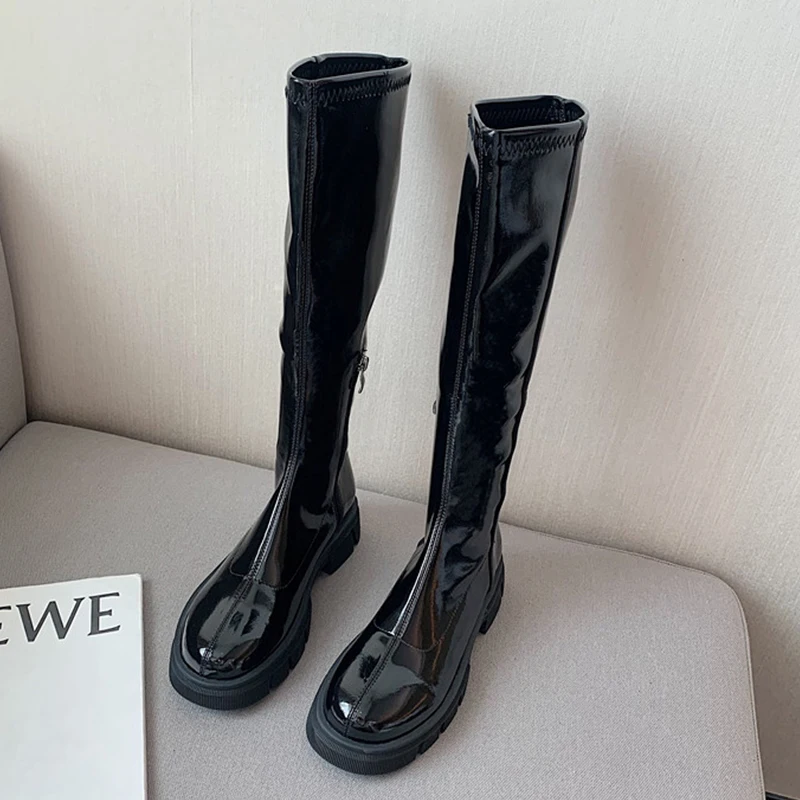 

New Knee High Boots For Women Round Toe 2022 Rubber Ladies Modern Boots Female Shoes Fashion Platform Zipper Motorcycle Shoes