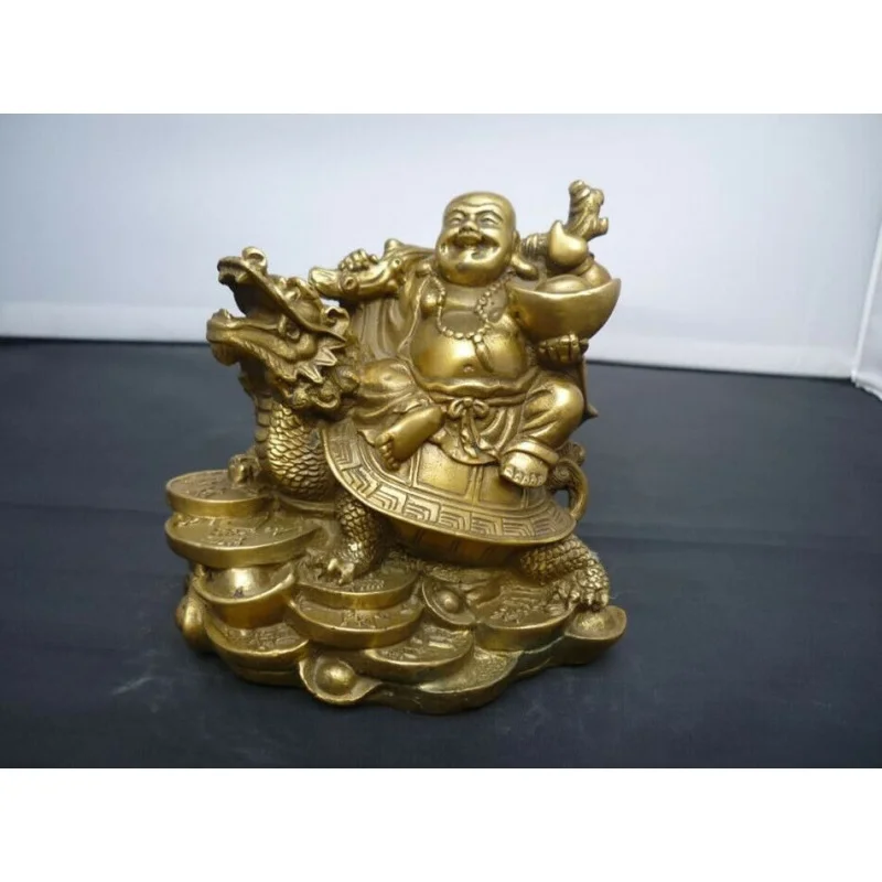 

China Copper Fortune Money Happy Smile Maitreya Buddha in Dragon Turtle Statue