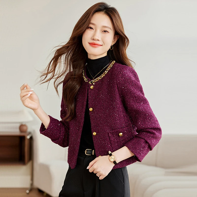  Пальто женское осень-зима 2025 Новое поступление маленькие короткие твидовые