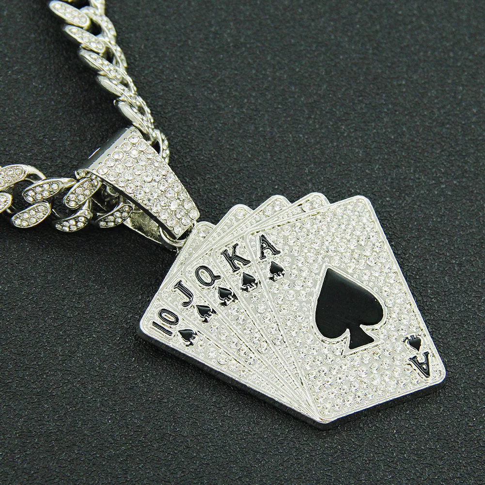 

Hiphop Iced Out Playing Card Straight Flush Pendant With Stainless Steel Chain Men's Poker Necklace Golden Jewelry Dropshipping