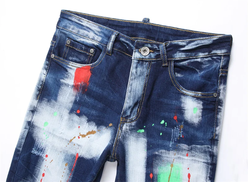 Men's Colorful Graffiti Printed Jeans Y2K Colorful Slim Fit Tapered Elastic Casual Pants Fashion Street Clothing Small Foot Pant