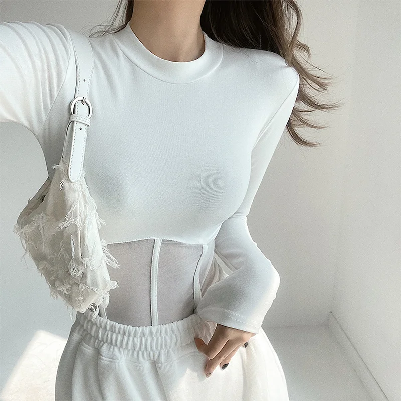 

TVVOVVINSpring And Autumn Hot Girl Sexy Style Solid Color Tight Mesh Stitching Top Round Neck Slim Long Sleeve T-shirt V2A4