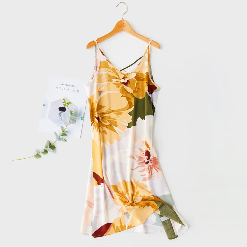 2022 Summer Satin Pajama for Women Sling Nightdress Print Cross-back Nightgown Fit Elegant Ladies Sleepwear Woman Sleep Dress