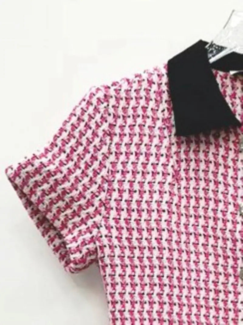 

Women Tweed Plaid Turn Down Collar Short Sleeve SIngle Breasted Pockets Sweet Mini Dress