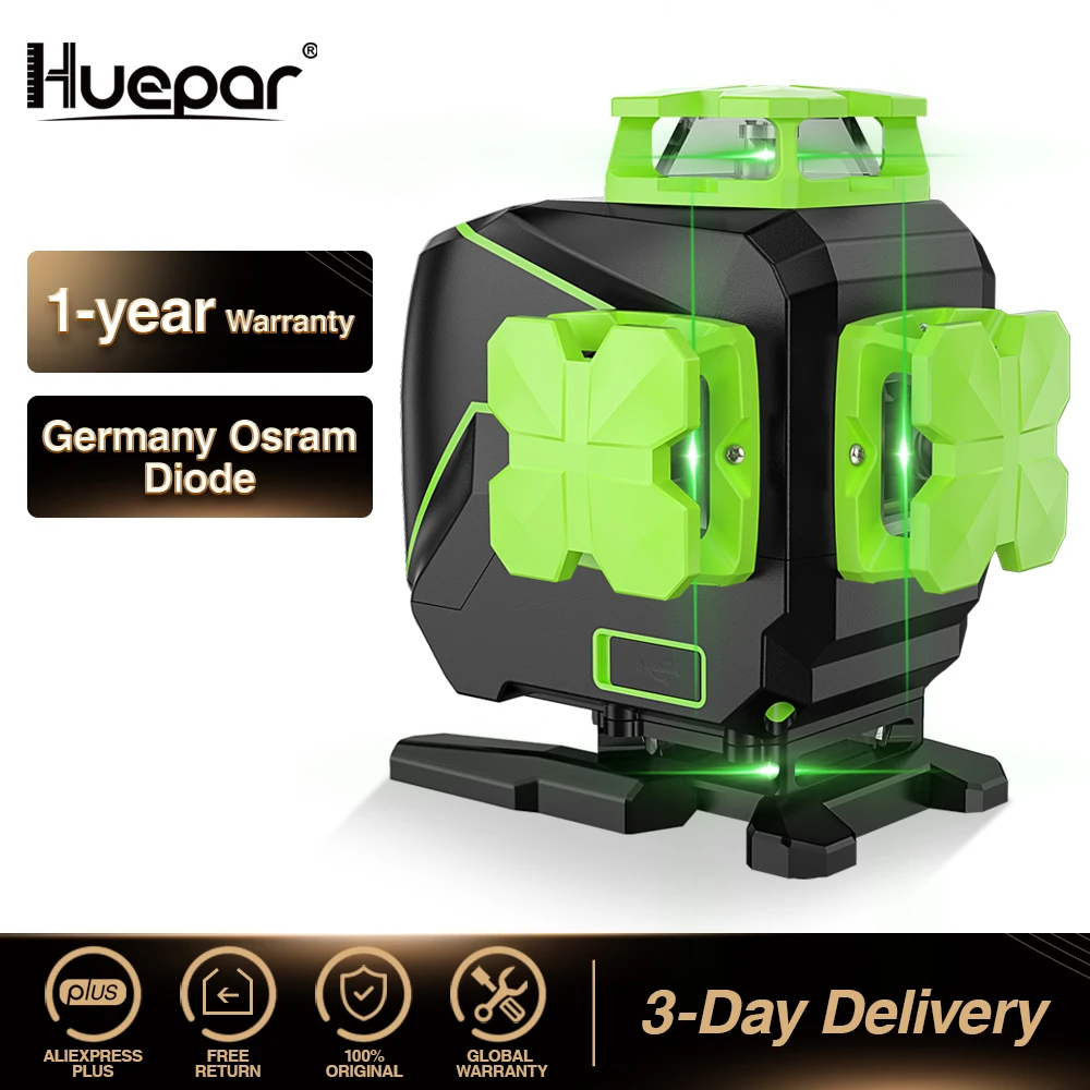 Huepar 16 lines 4D Cross Line Laser Level 4*360 Self-leveling Green Beam Lines with USB Charge Use Dry & Li-ion Battery S04CG-L