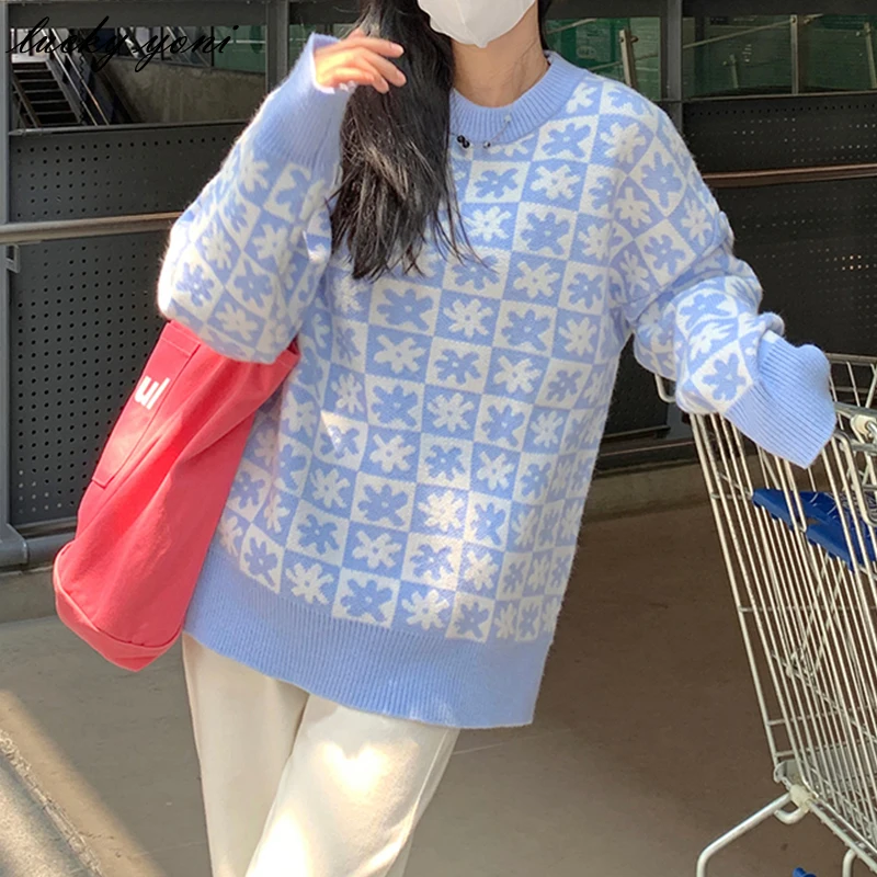 

Женский свободный вязаный свитер Yoni, повседневный теплый джемпер с круглым вырезом и длинными рукавами, черный базовый пуловер в клетку в К...