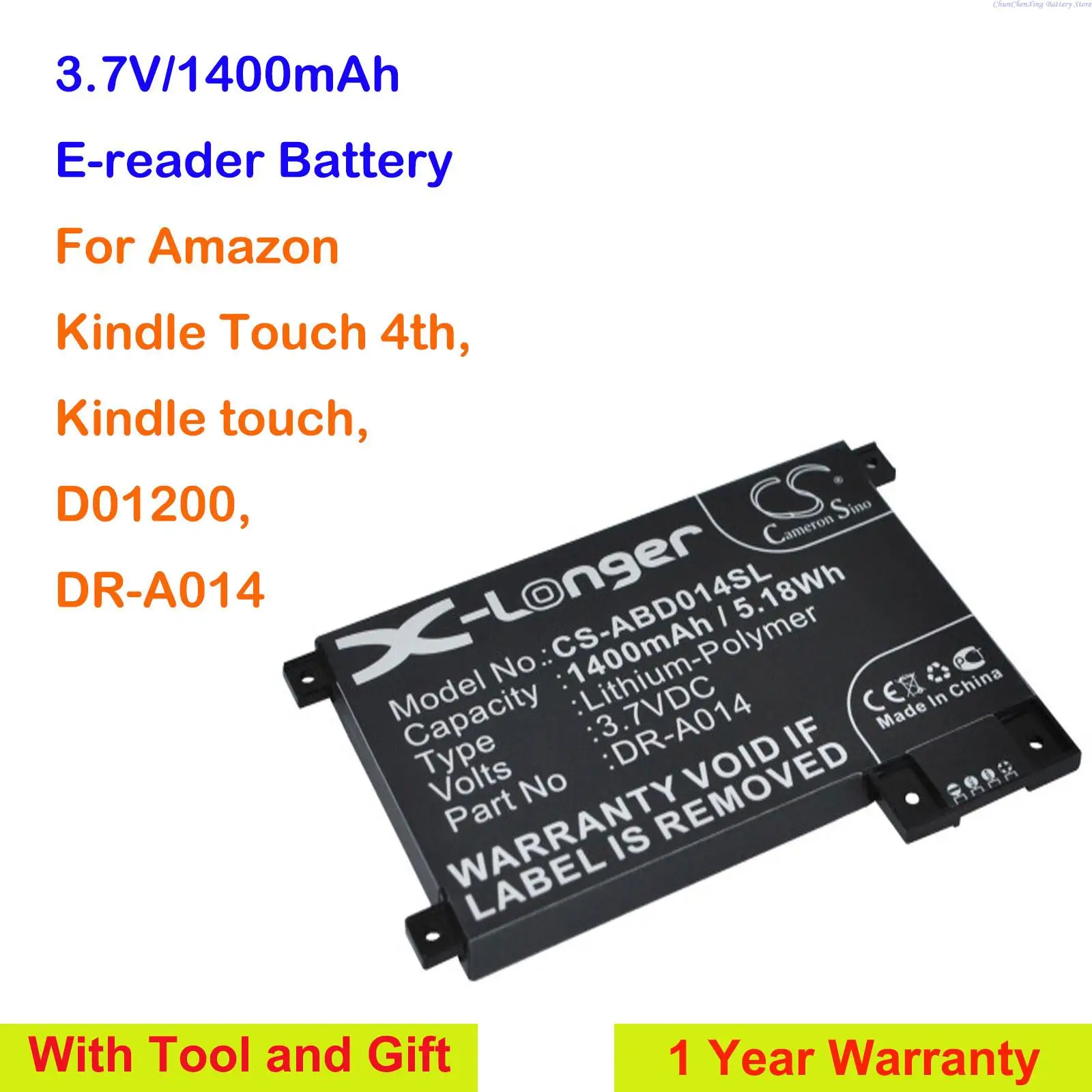 

Cameron Sino 1400mAh E-book, E-reader Battery DR-A014, MC-354775 for Amazo n D01200, DR-A014, Kindle touch, Kindle Touch 4th