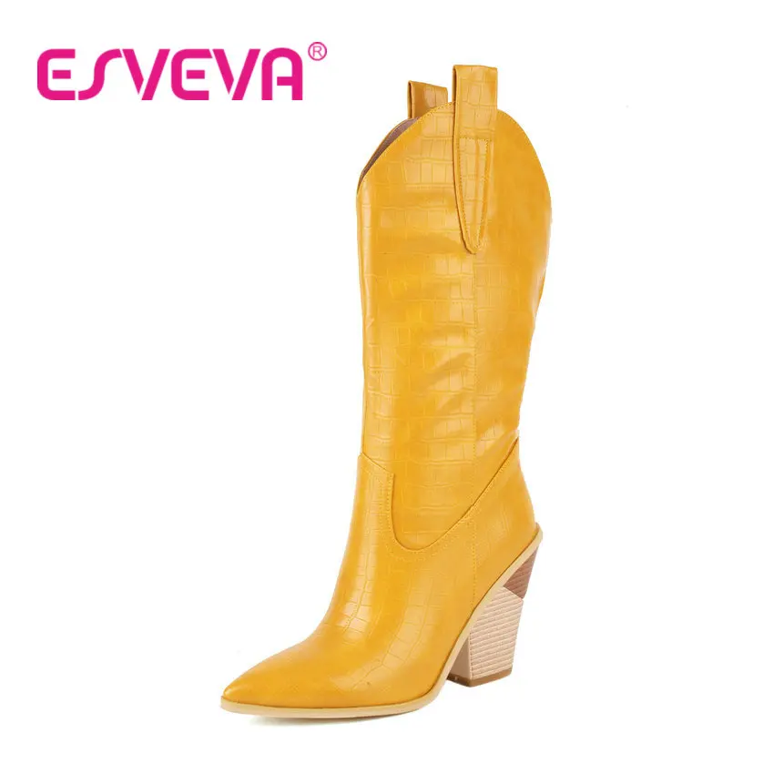 

ESVEVA 2023 Fashion Women Mid Calf Boot Slip On PU leather Pointed Toe Sexy Boots Vintage Style Shoes Size 34-43