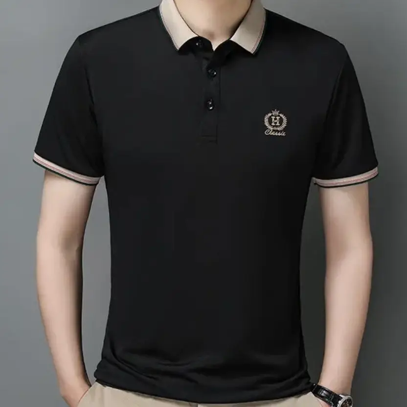 

New Summer 2023 Men's Short Sleeve Polo Business Solid Versatile Lapel Slim Loose T-shirt Breathable Stripe Embroidery Tops