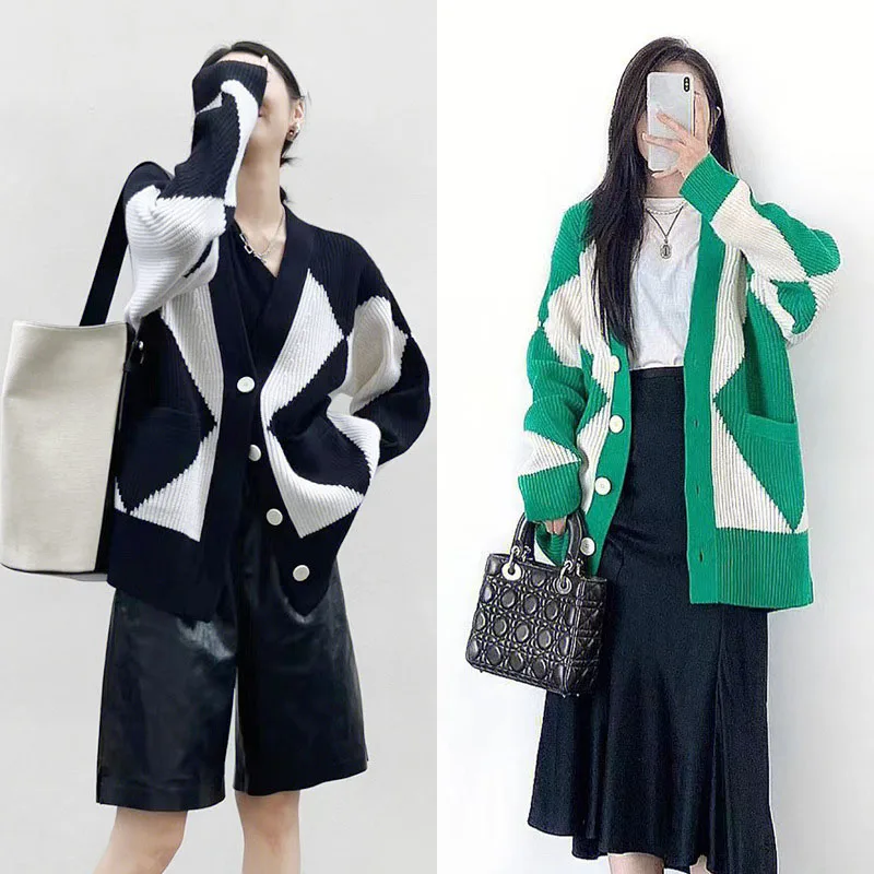 

2022 Autumn New Rhombic Knitted Cardigan Sweater Coat Women's Woolen Top