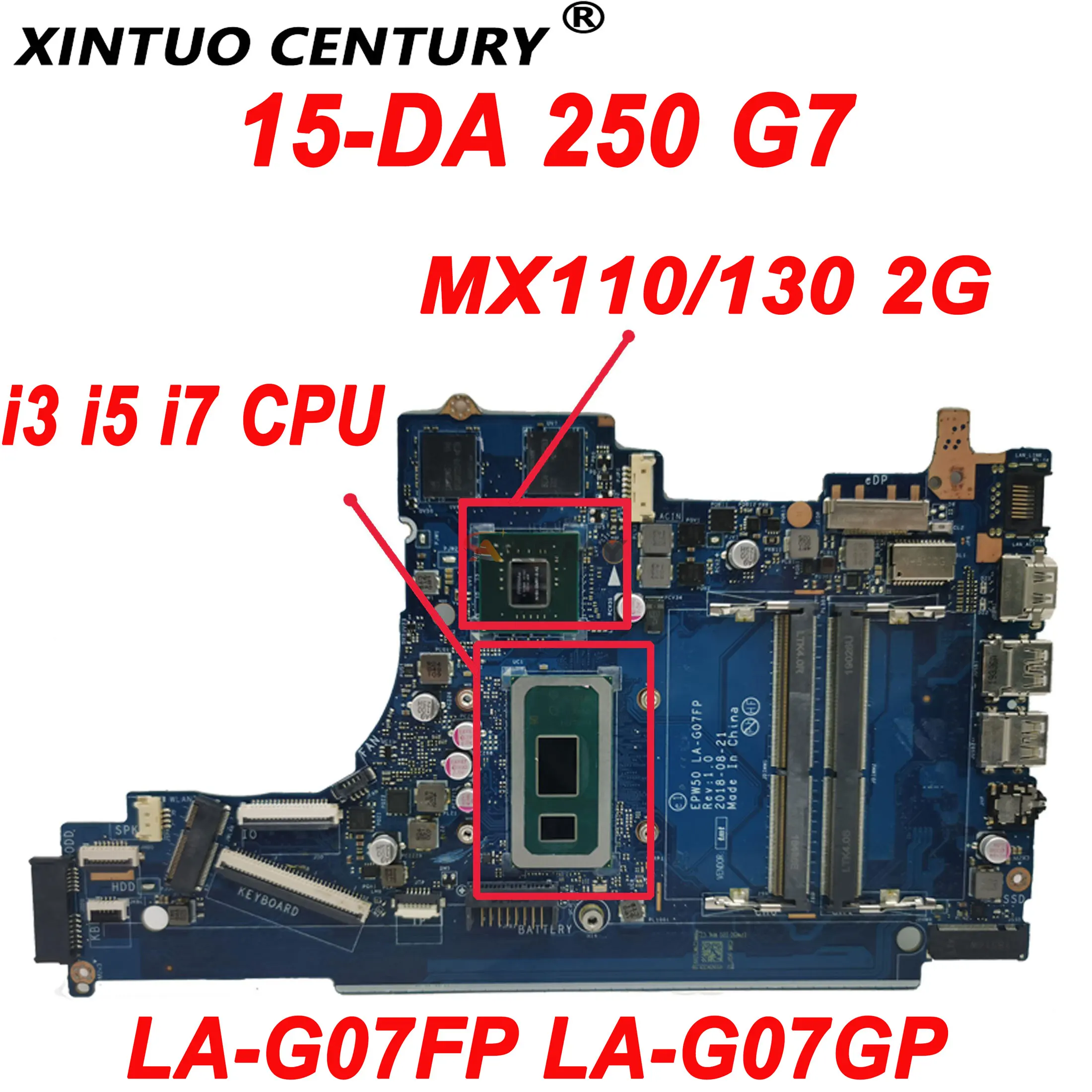

L65506-601 для HP Pavilion 15-DA 15T-DA 250 G7, материнская плата ноутбука, LA-G07FP с процессором i3 i5 i7 MX110/130 2G GPU DDR4