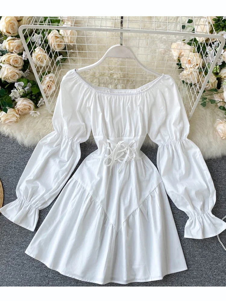 

Autumn Dress 2022 Retro Gothic Women White Black Bandage Mini Dress Sexy Off Shoulder Puff Sleeve Korean Vestidos de Mujer