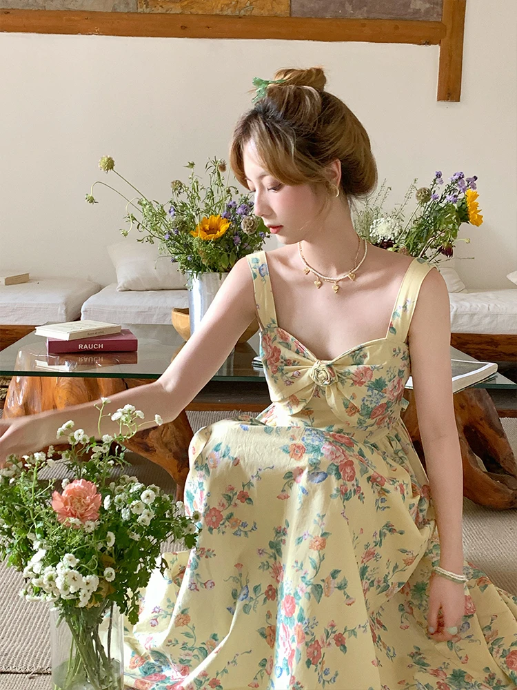 

82-90cm Chest / Spring Summer Women Slim Empire Floral Print Cotton Sleeveless Dresses