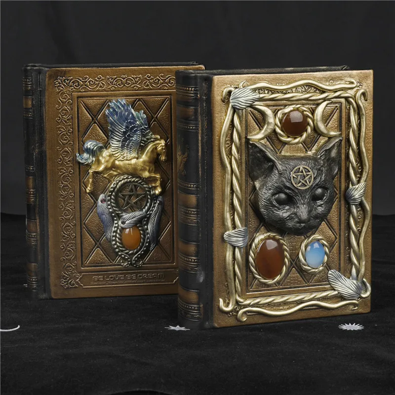 

New magic notebook Pegasus pentagram black cat head creative inlaid with natural crystal stone Reiki healing Retro Notebook