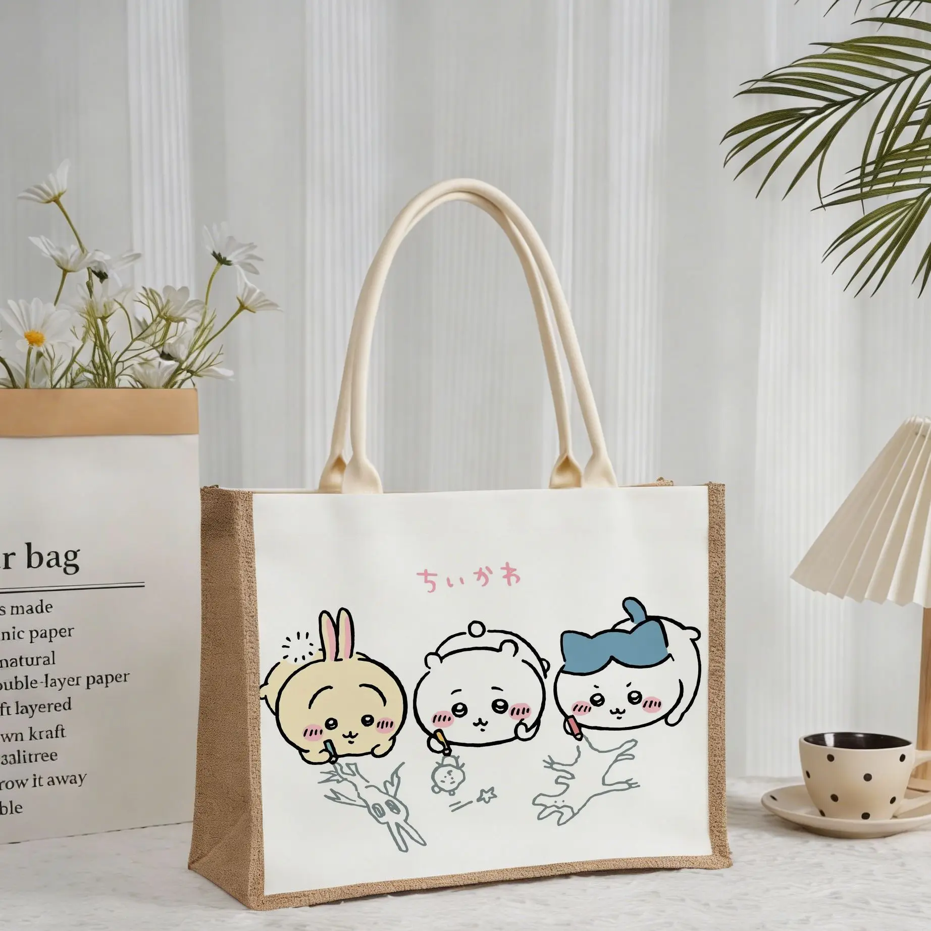 Фото Милая аниме-сумка Kawaii Chiikawa Usagi из льняной ткани, легкая, вместительная, на плечо, для учебы, путешествий, шопинга, очаровательная №4