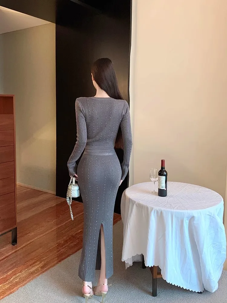 Elegant Button Design Socialite Dress Outfit Women Hot Drilling V-neck Long sleeve Knitted Top High Waist Skirt Two-piece Set