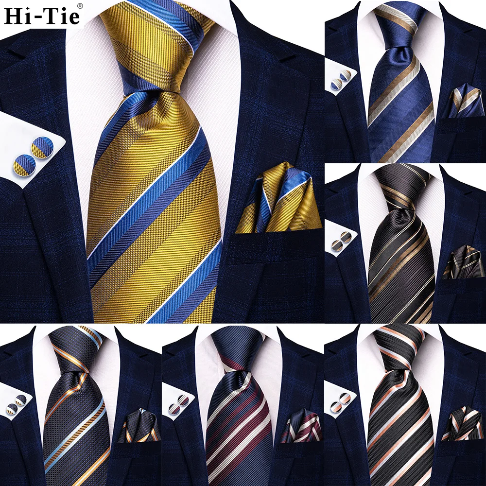 

Hi-Tie 2023 New Yellow Blue Striped Designer Gift Tie for Men Fashion Brand Wedding Party Necktie Handky Cufflinks Dropship