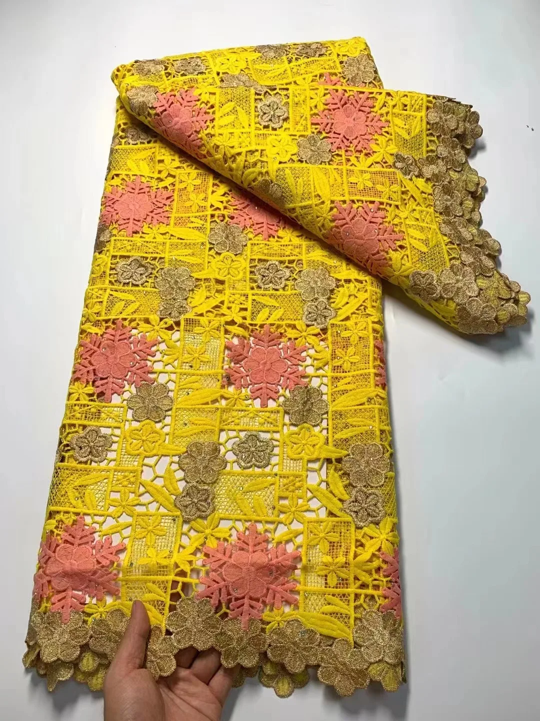 

Желтая Цветочная африканская кружевная ткань, Французская ткань 2023, органза, высокое качество, шитье, вышивка, гипюр, тюль в нигерийском стиле для женщин, 5 ярдов
