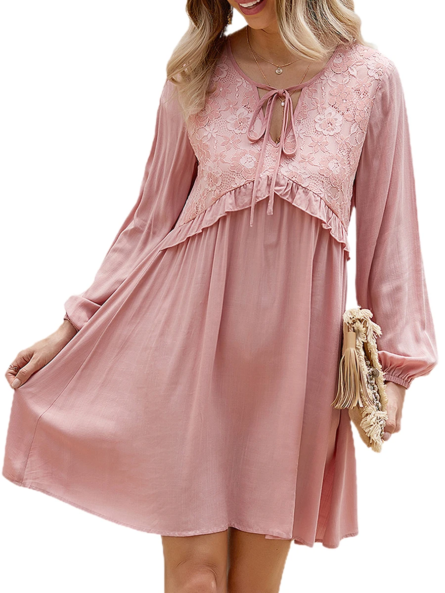 

Женское мини-платье с цветочным принтом, кружевное платье с длинным рукавом, V-образным вырезом и завязкой спереди, осень 2022