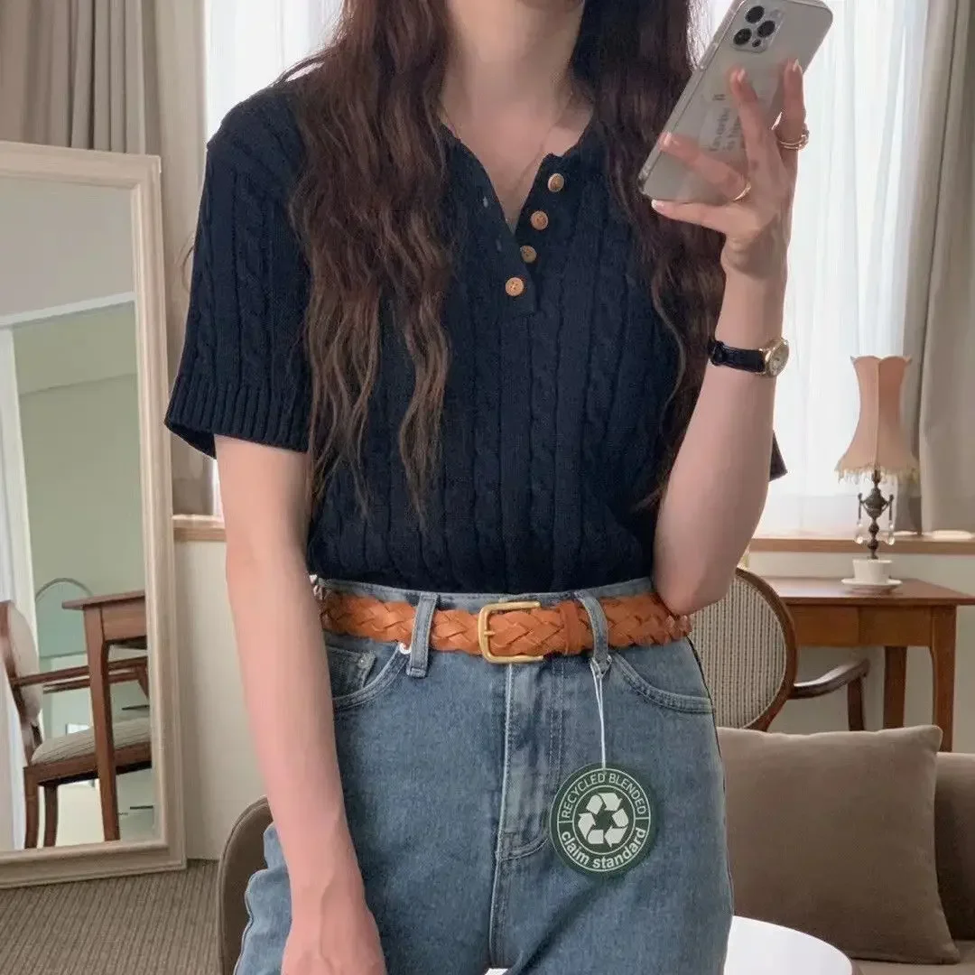 Вязаные женские футболки Ropa Mujer с отложным воротником и короткими рукавами белые