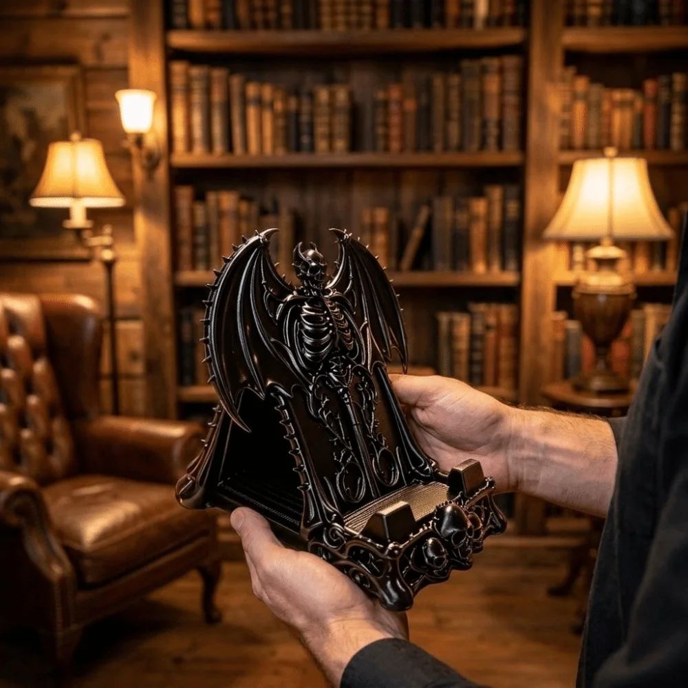 Фото Подставка для телефона в виде черепа, напечатанная на 3D-принтере, в стиле темной фэнтези, с изображением жуткого дьявола-летучей мыши, пластиковая, устойчивая, готический трон, украшение для стола. №4