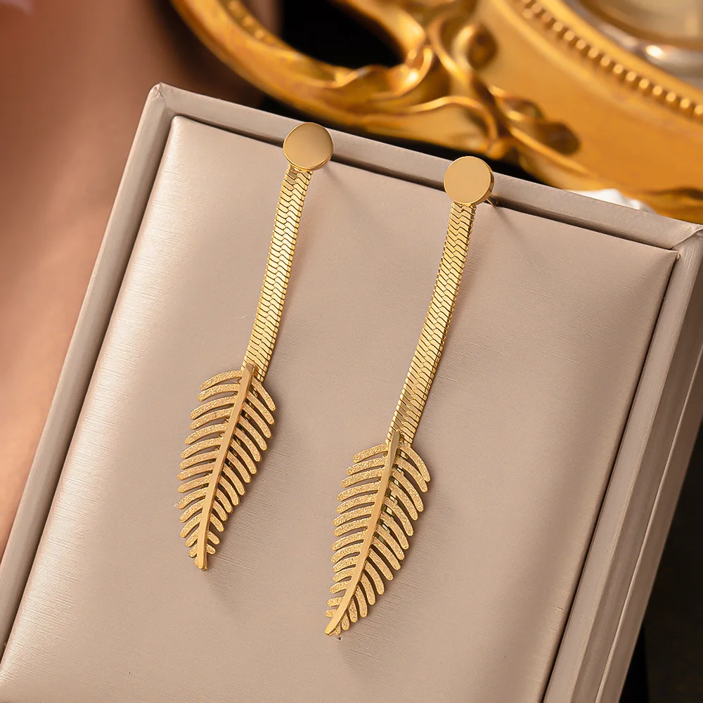 

316L Stainless Steel Gold Color Sparkling Feather Hoop Earrings For Women Vintage Girls Ear Jewelry Party Gifts Dropshipping