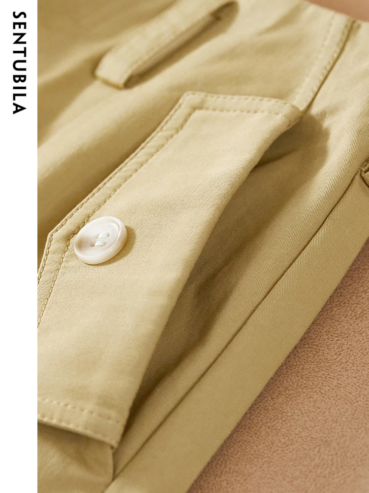 Sentubila 100% Cotton Khaki Summer Shorts Pants for Women 2023 Fashion Office Lady Elastic High Waist Straight Wide Leg Pant