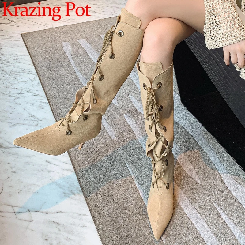 

Сапоги Krazing Pot из коровьей замши, с острым носком, на тонком каблуке, со шнуровкой спереди