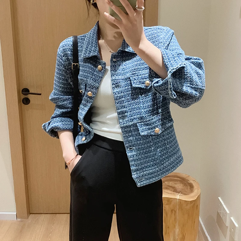 

Hook Flower Design Short Denim Coat Gold Button Woven Denim Jacket Spring and Autumn 2023 New Solid Blue Women's Woman 22775