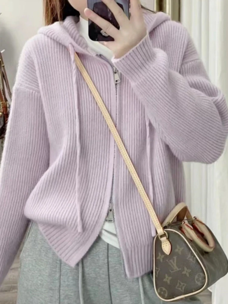 

Woman Hooded Sweater Pink Cardigan 2023 New In Fashion Korean Loose Zipper Soft Sweet Sweater Knitwears Tops Female Clothing