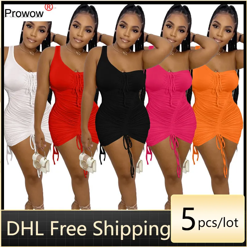 

Wholesale Summer Dresses Women Sexy Fashion Solid Asymmetrical Shirring Sloping Shoulder Party Club Mini Dress for Woman 7168