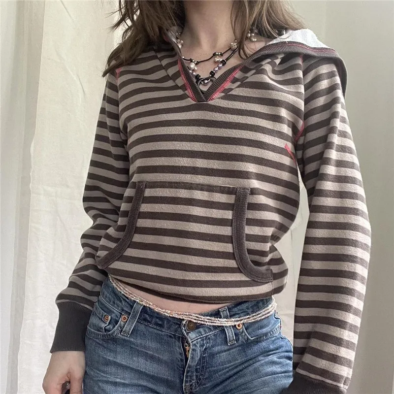 

Стильный и уютный ретро свитер в полоску, Женская Осенняя трикотажная одежда с капюшоном, приталенная вязаная куртка с длинным рукавом, пальто, винтажный пуловер Y2K, топы