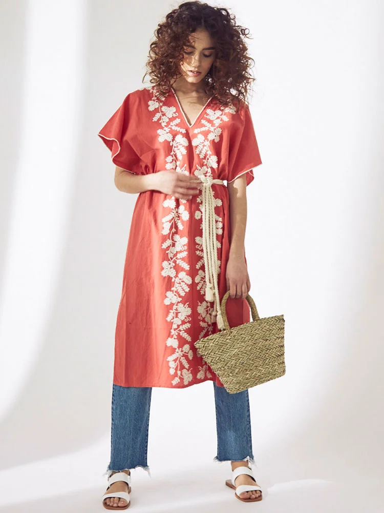 New 2022 Stereoscopic Embroidery V-neck Long Version Women Blouse High Quality Fasion Ethnic Literary Style Female Dress Casual