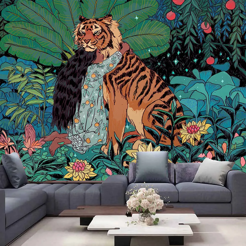 

Mysterious Forest Flower Jungle Girl Tiger Tapestry Wall Hanging Landscape Tapestries For Living Room Home Decor Art Wall Cloth