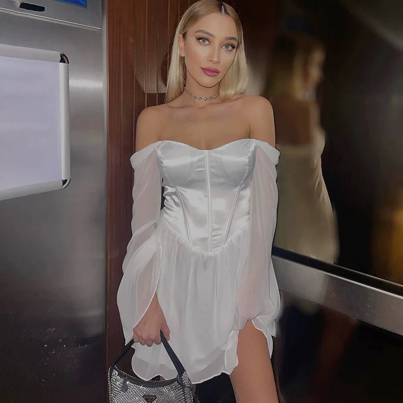 

Combhasaki Women Sexy Vintage Off Shoulder Mesh Long Sleeve Solid Color Corset Waist Square Neck A-Line Short Mini Dress