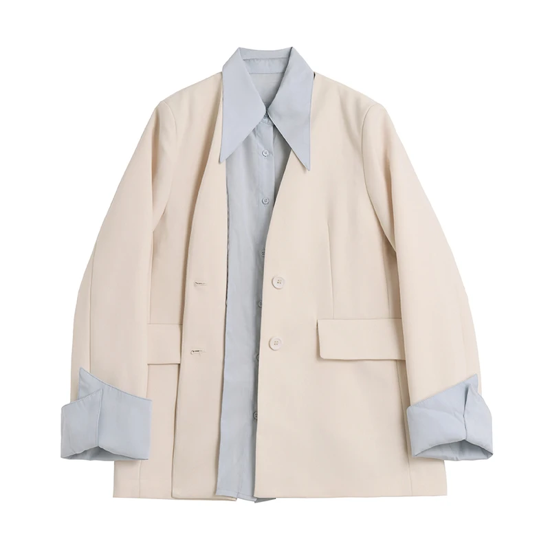 

Лидер продаж, Женский офисный костюм, имитация двух предметов, блейзеры, женская уличная одежда с строчкой, Повседневная Свободная верхняя ...