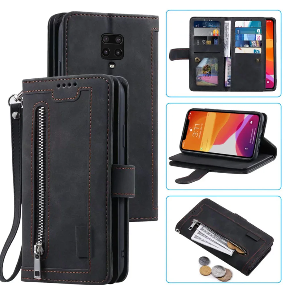 

9 Cards Wallet Case for Redmi Note 9S/Note 9 Pro Max/Redmi Note 10 Lite/Poco M2 Pro Card Slot Zipper Flip Folio With Wrist Strap