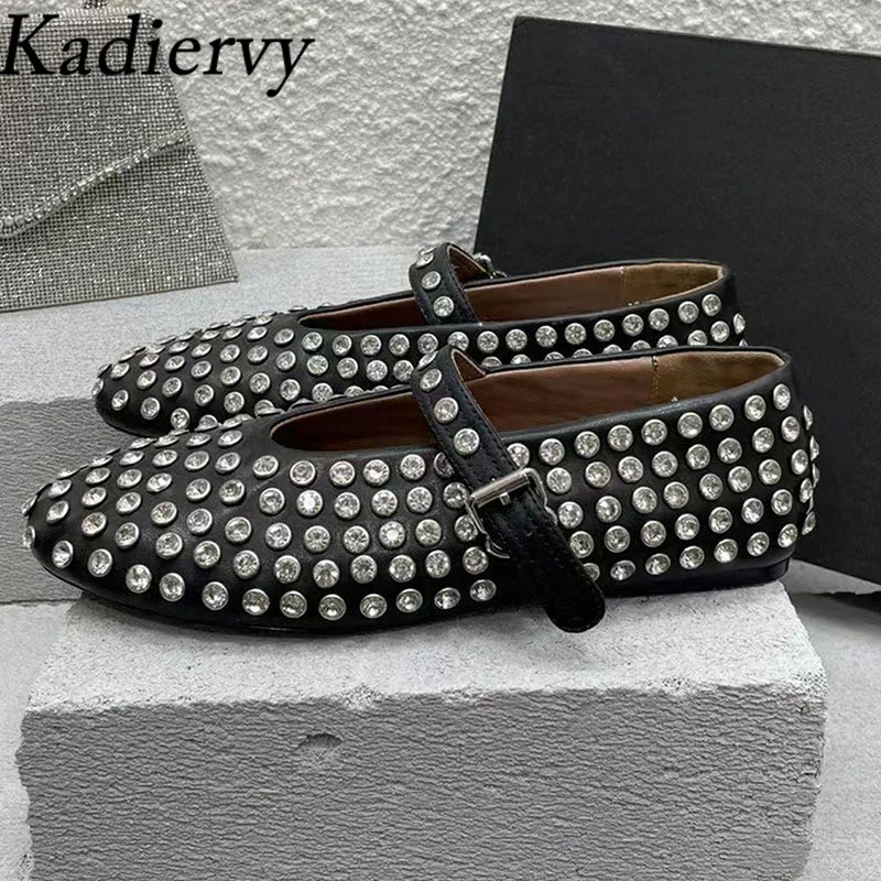 

New Crystal Studded Ballet Flats Shoes Women Genuine Leather Loafers Casual Summer Shoes Mesh Hollow Ous Party Shoes For Women