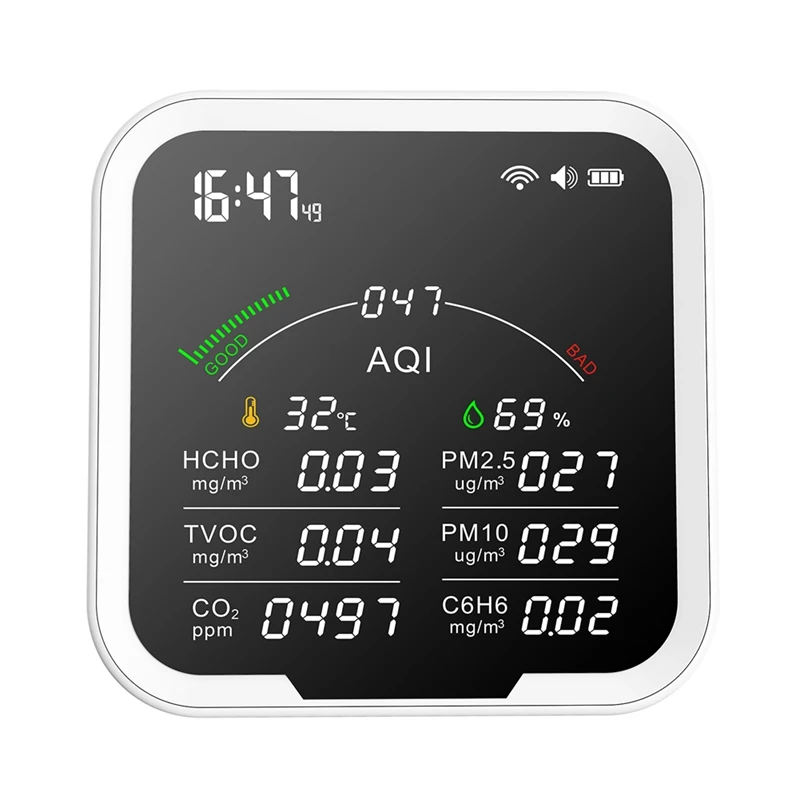 

PTH-9BW TUYA Wi-Fi Многофункциональный монитор качества воздуха, Термогигрометр детектор с будильником PM2.5,PM10,HCHO,C6H6,CO2