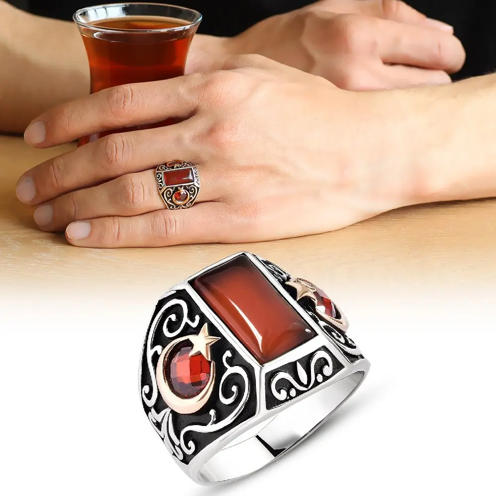 

The moon the stars Embroidered Red Agate Gemstone 925 Sterling Silver Men 'S Ring