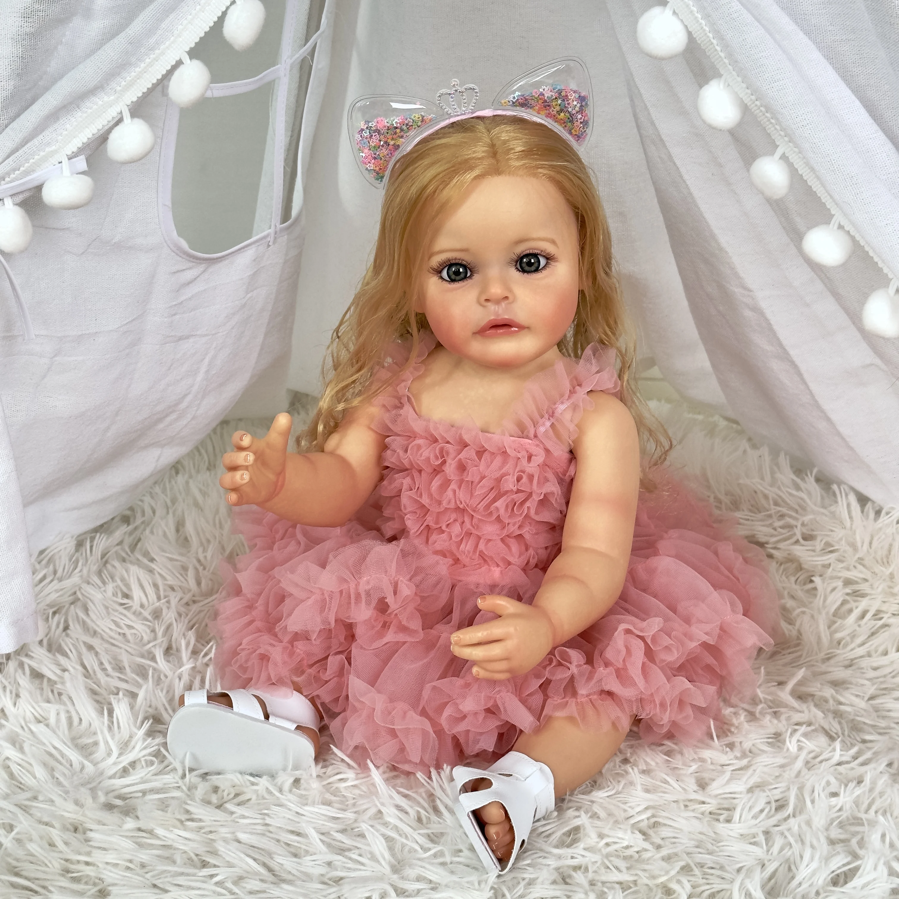 

FBBD 55CM Full body Silicone Reborn Toddler Girl Princess Sue-Sue Hand-detailed Painting Rooted blonde Hair waterproof Toy