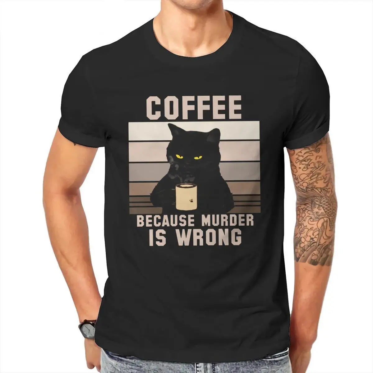 Cat Coffee Because Murder Is Wrong  Men's T Shirt  Vintage Tee Shirt Short Sleeve O Neck T-Shirt Cotton Gift Idea Clothes