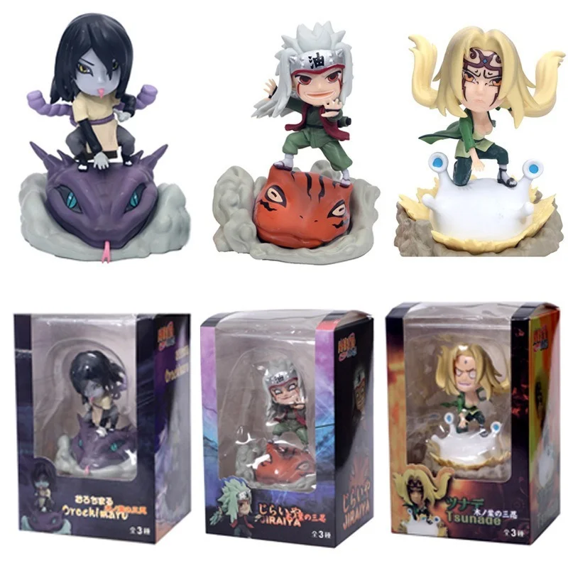 

11CM Anime Naruto Action Figure Q Version Konoha Sannin Tsunade Jiraiya Orochimaru Changeable Face Collectible Model Toys Gift